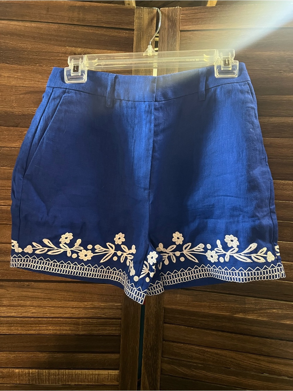 Boden Royal Blue Linen-Blend Shorts with White Floral Embroidery